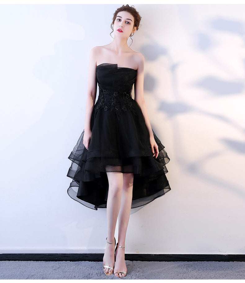 Black Tulle Flowers Lace High Low Strapless Homecoming Dress, Black Formal Dress