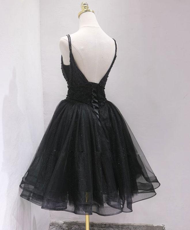 Black Tulle and Beaded Knee Length Straps Homecoming Dress, Black Shor – Cutedressy Black Tulle and Beaded Knee Length Straps Homecoming Dress, Black Shor – Cutedressy