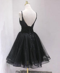 Black Tulle and Beaded Knee Length Straps Homecoming Dress, Black Short Prom Dresses
