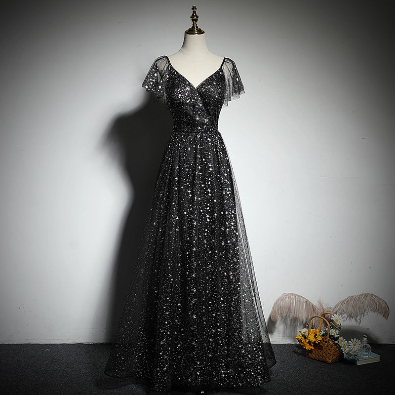 Black V-neckline Cap Sleeves Floor Length Party Dress, Black A-line Evening Dress Formal Dresses