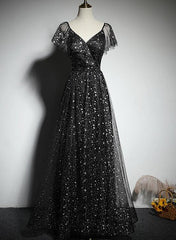 Black V-neckline Cap Sleeves Floor Length Party Dress, Black A-line Evening Dress Formal Dresses