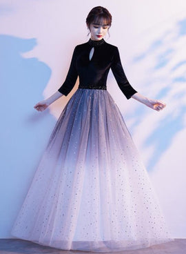 Black Velvet High Neckline Gradient Tulle Floor Length Party Dress, A-line Simple Bridesmaid Dresses