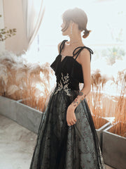 Black Velvet and Lace Tulle Straps Long Party Dress, Black Evening Dress Prom Dresses