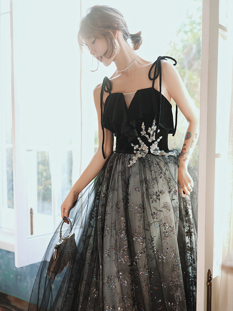 Black Velvet and Lace Tulle Straps Long Party Dress, Black Evening Dress Prom Dresses