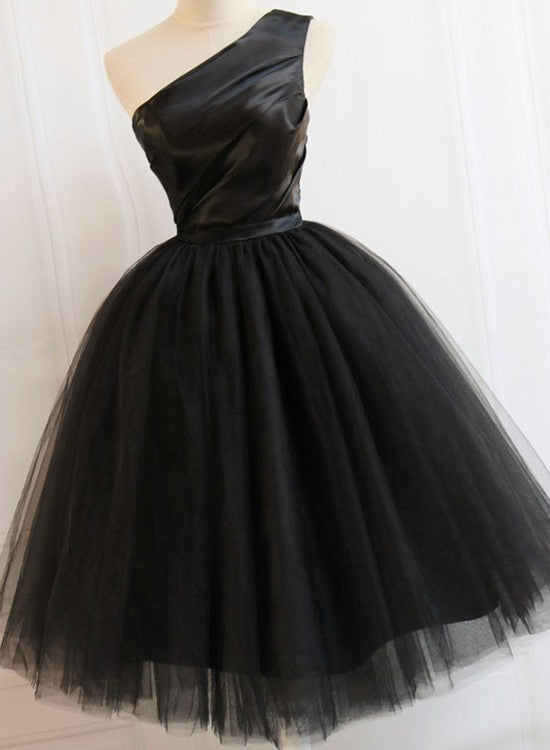 Black One Shoulder Vintage Party Dresses, Black Homecoming Dresses