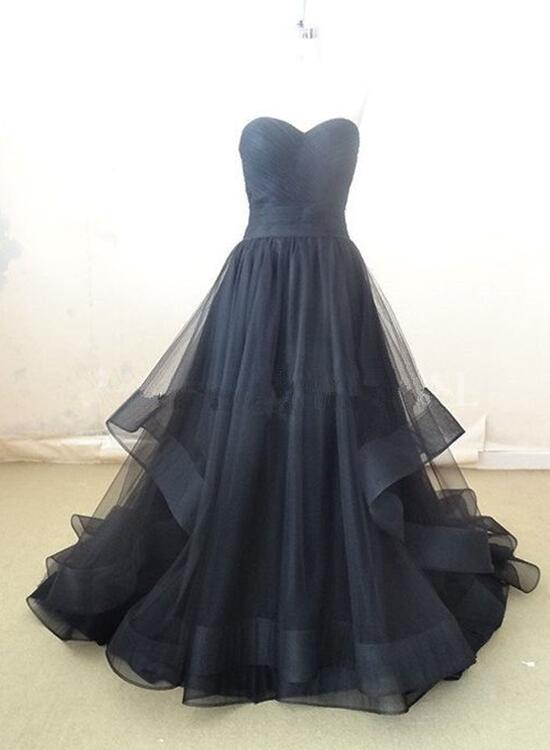 Black Sweetheart Tulle Gowns, Black Formal Dresses, Evening Dresses