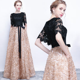 Black and Champagne Lace A-line Long Evening Dress Party Dress, Simple Bridesmaid Dresses