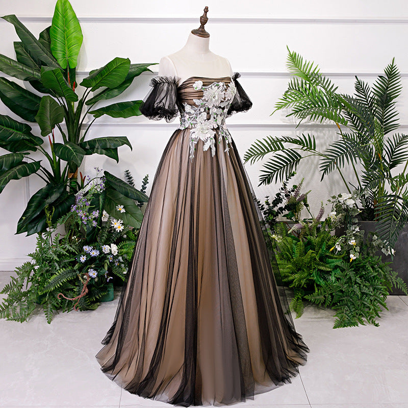 Black and Champagne Short Sleeves Tulle with Lace Party Dress, A-line Cutedressy Black and Champagne Short Sleeves Tulle with Lace Party Dress, A-line Cutedressy
