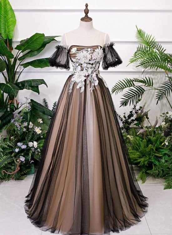 Black and Champagne Short Sleeves Tulle with Lace Party Dress, A-line Floor Length Prom Dress