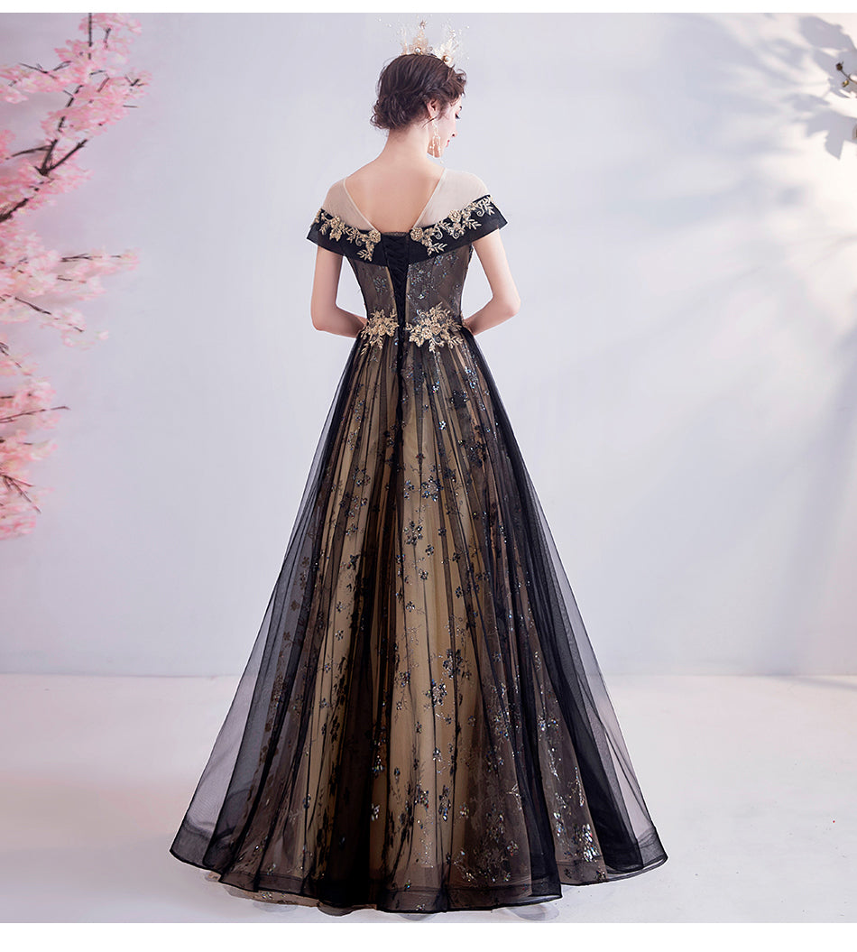 Black and Golden Tulle Long Round Neckline Cap Sleeves Party Dress, Bl Cutedressy Black and Golden Tulle Long Round Neckline Cap Sleeves Party Dress, Bl Cutedressy
