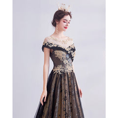 Black and Golden Tulle Long Round Neckline Cap Sleeves Party Dress, Black Formal Dress