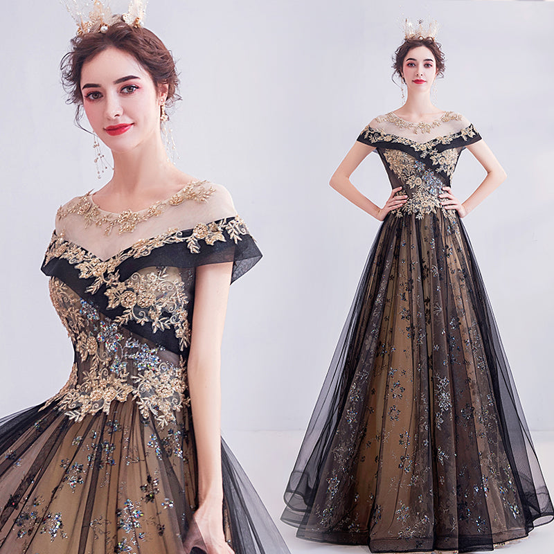 Black and Golden Tulle Long Round Neckline Cap Sleeves Party Dress, Black Formal Dress