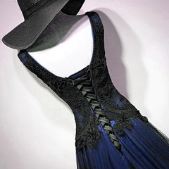 Navy Blue and Black Tulle V-neckline Floor Length Party Dress Evening Dress, Unique Prom Dresses