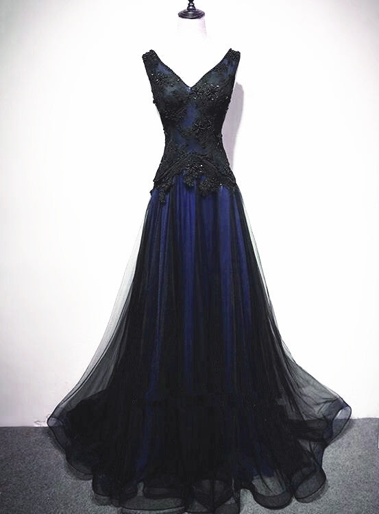 Navy Blue and Black Tulle V-neckline Floor Length Party Dress Evening Dress, Unique Prom Dresses