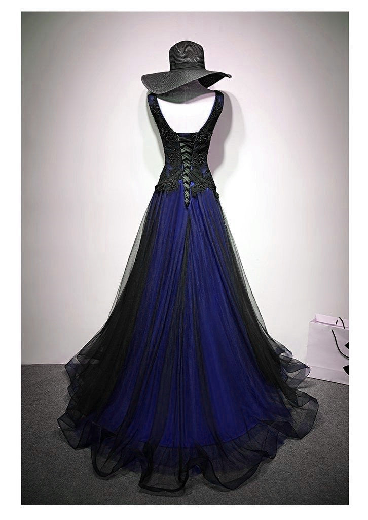 Navy Blue and Black Tulle V-neckline Floor Length Party Dress Evening Dress, Unique Prom Dresses Navy Blue and Black Tulle V-neckline Floor Length Party Dress Evening Dress, Unique Prom Dresses