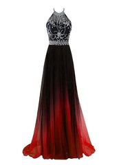 Beautiful Long Beaded Chiffon Gradient Halter Party Dress, A-line Prom Dress