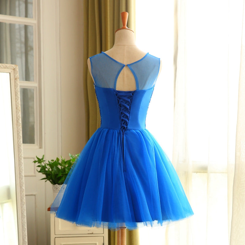 Blue Beaded Tulle Short Cute Homecoming Dress, Blue Short Party Dress Cutedressy Blue Beaded Tulle Short Cute Homecoming Dress, Blue Short Party Dress Cutedressy