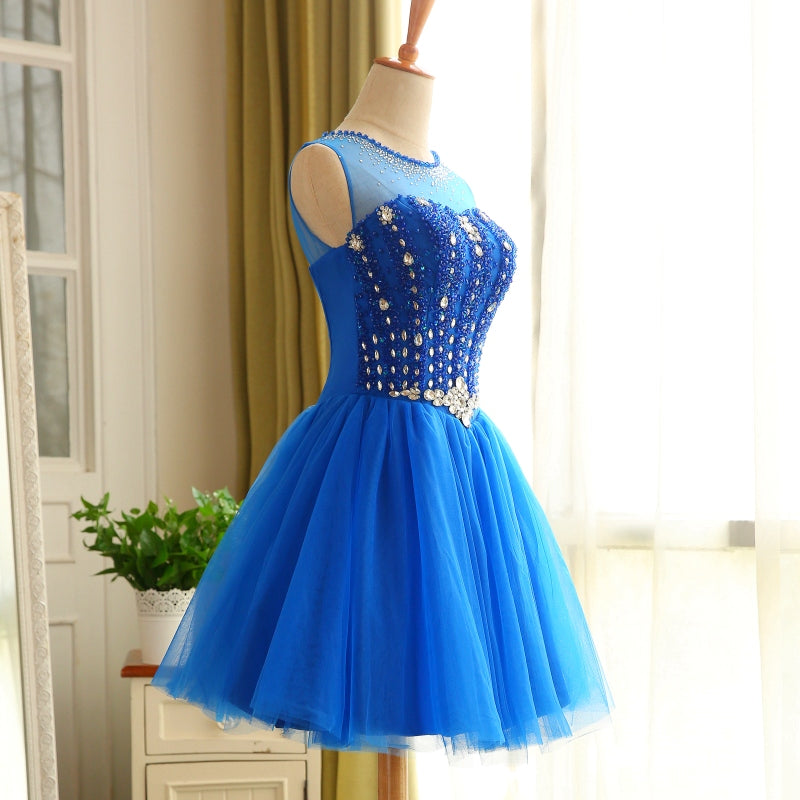 Blue Beaded Tulle Short Cute Homecoming Dress, Blue Short Party Dress Prom Dress