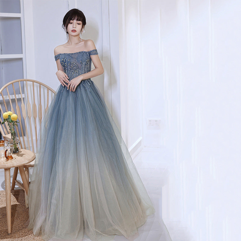 Blue Gradient Beaded Off Shoulder Long Party Dresses, Blue Evening Dresses Prom Dresses
