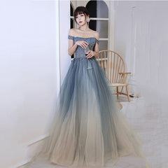 Blue Gradient Beaded Off Shoulder Long Party Dresses, Blue Evening Dresses Prom Dresses