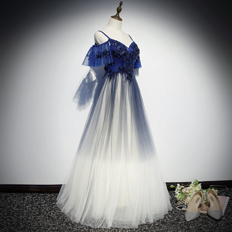 Blue Gradient Off Shoulder Straps Tulle Floor Length Party Dress, Blue A-line Bridesmaid Dress