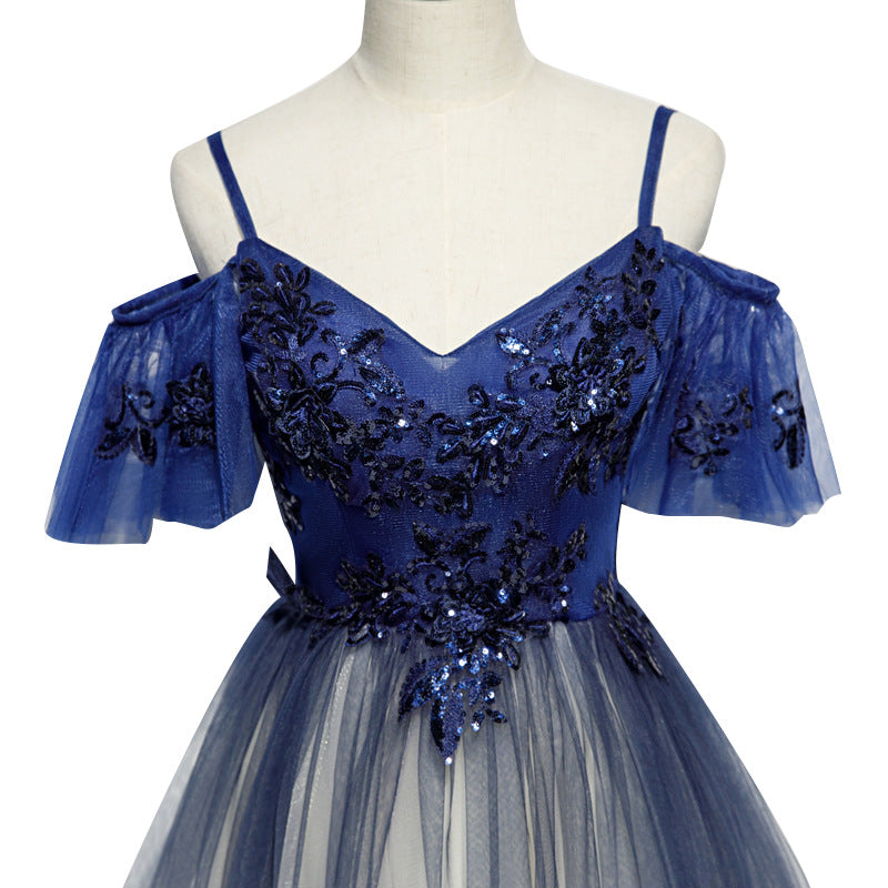Blue Gradient Off Shoulder Straps Tulle Floor Length Party Dress, Blue A-line Bridesmaid Dress