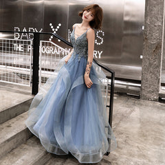 Blue Lace Applique V-neckline Straps Tulle Long Evening Dress, A-line Blue Party Dress Prom Dress