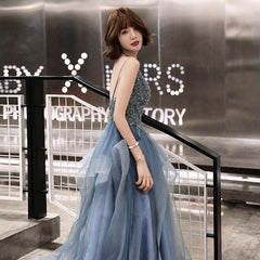 Blue Lace Applique V-neckline Straps Tulle Long Evening Dress, A-line Blue Party Dress Prom Dress