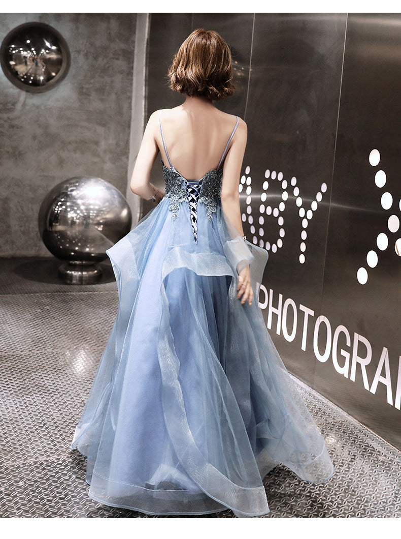 Blue Lace Applique V-neckline Straps Tulle Long Evening Dress, A-line Cutedressy Blue Lace Applique V-neckline Straps Tulle Long Evening Dress, A-line Cutedressy