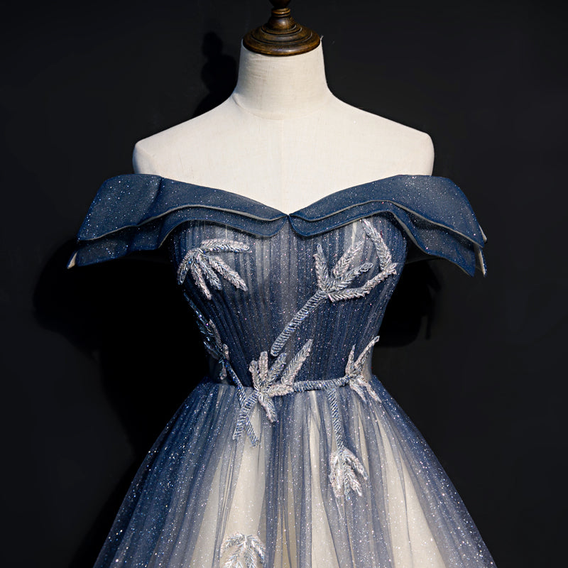 Blue Off Shoulder Shiny Tulle Gradient A-line Long Party Dress, A-line Prom Dresses 2022