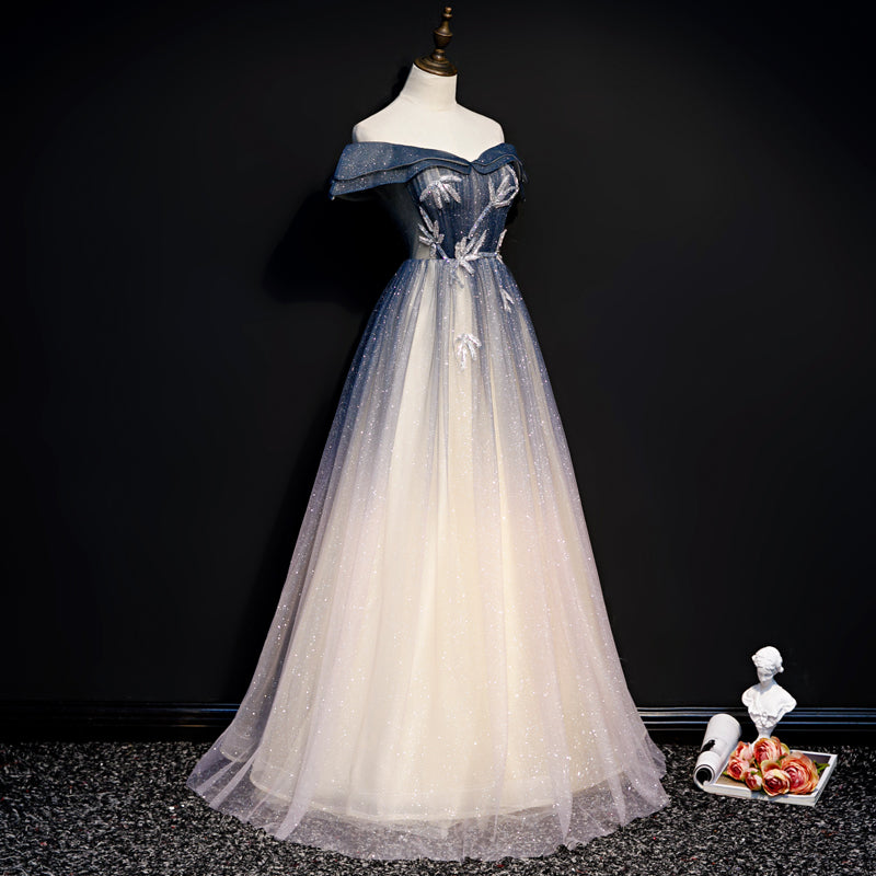 Blue Off Shoulder Shiny Tulle Gradient A-line Long Party Dress, A-line – Cutedressy