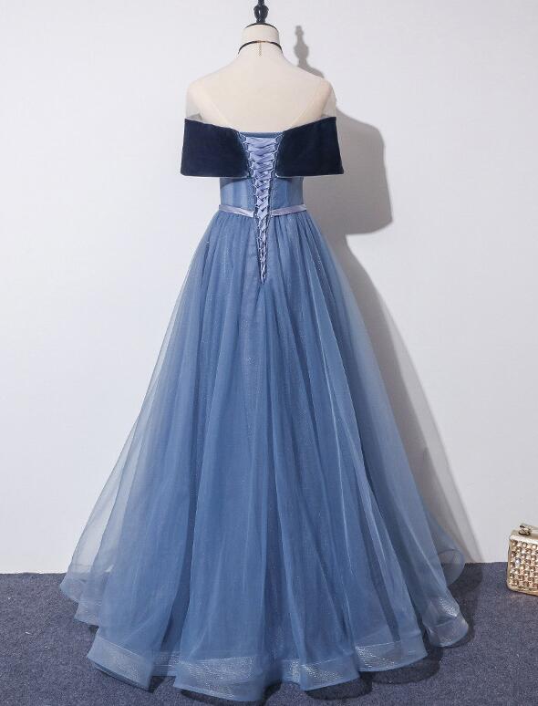 Blue Off Shoulder Velvet and Tulle A-line New Style Prom Dress, Blue Party Dress Evening Dress