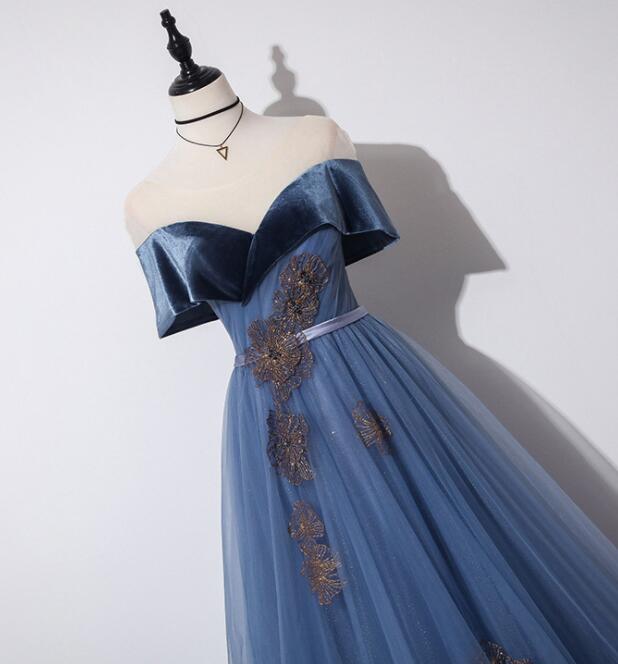 Blue Off Shoulder Velvet and Tulle A-line New Style Prom Dress, Blue Party Dress Evening Dress