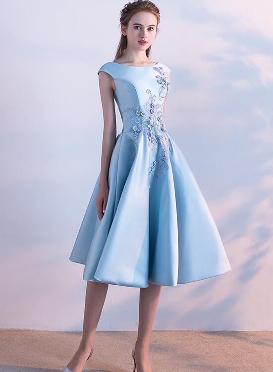 Blue Satin Knee Length Round Neckline Party Dress, Blue Prom Dress Bridesmaid Dress