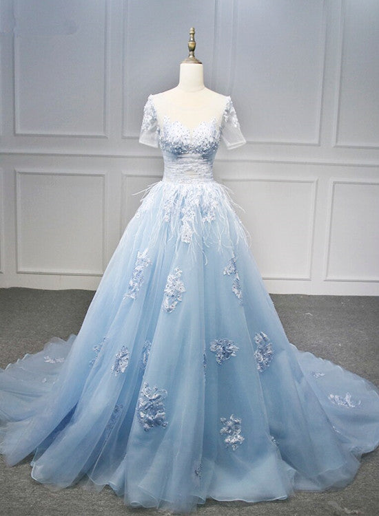 Blue Short Sleeves Lace Applique Organza Tulle Party Dress, Round Neckline Blue Sweet 16 Gown Formal Dress