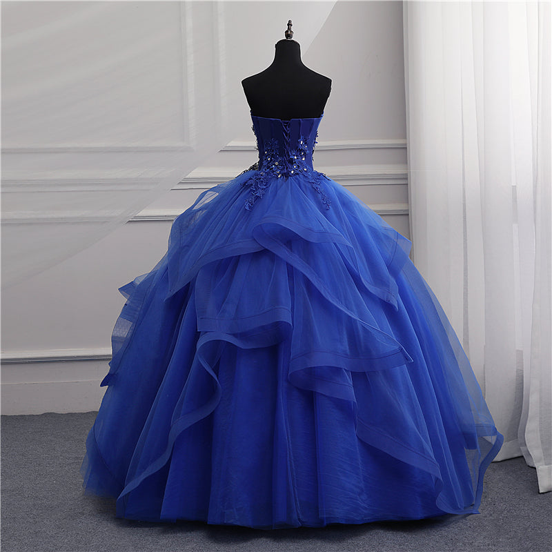 Blue Tulle Ball Gown Lace Beaded Long Quinceanera Dresses, Blue Sweet 16 Dress Wedding Party Dress