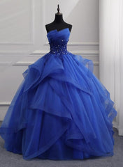 Blue Tulle Ball Gown Lace Beaded Long Quinceanera Dresses, Blue Sweet 16 Dress Wedding Party Dress