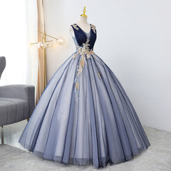Blue Tulle Ball Gown V-neckline Sweet 16 Dresses, Blue Floor Length Formal Dresses Evening Gown