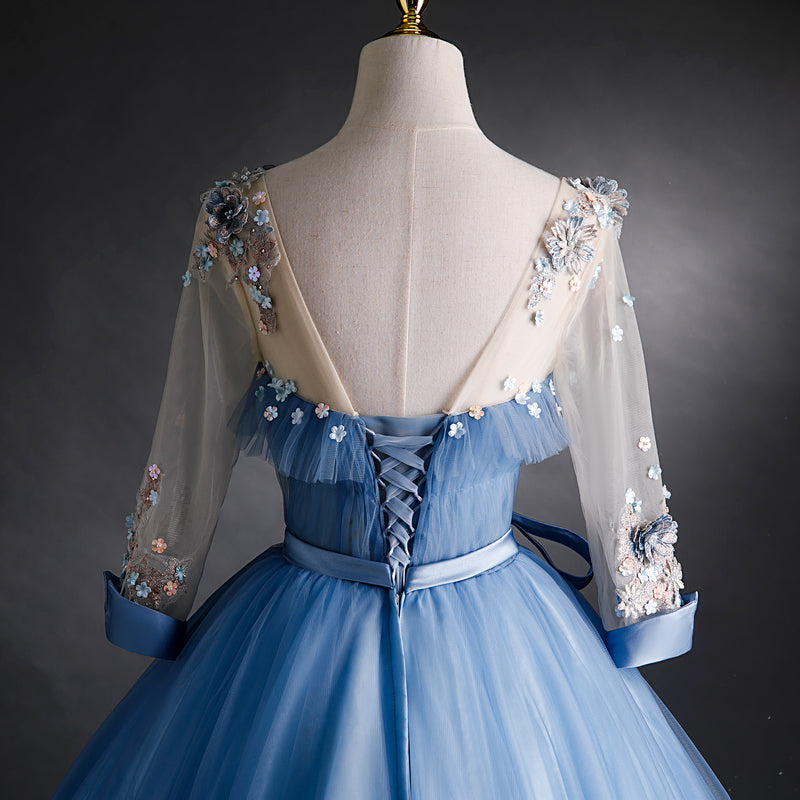 Blue Tulle Long Sleeves Formal Dress with Flower Lace Applique, Blue Sweet 16 Gown
