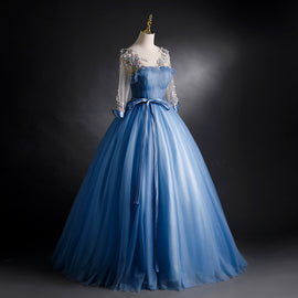 Blue Tulle Long Sleeves Formal Dress with Flower Lace Applique, Blue Sweet 16 Gown