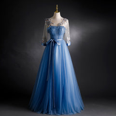 Blue Tulle Long Sleeves Formal Dress with Flower Lace Applique, Blue Sweet 16 Gown