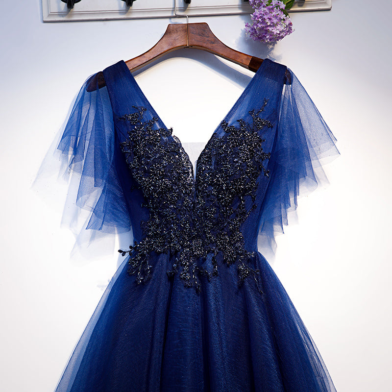 Blue Tulle Short Party Dress with Lace Applique, Blue Formal Dress Prom Dresses