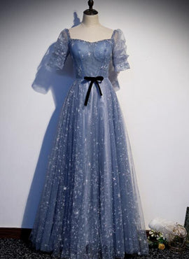 Beautiful Blue Tulle Short Sleeves A-line New Style Prom Dress Party Dress, Blue Formal Dress