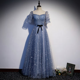 Beautiful Blue Tulle Short Sleeves A-line New Style Prom Dress Party Dress, Blue Formal Dress