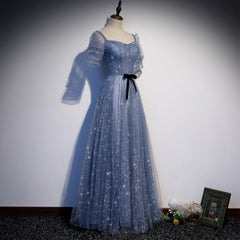 Beautiful Blue Tulle Short Sleeves A-line New Style Prom Dress Party Dress, Blue Formal Dress