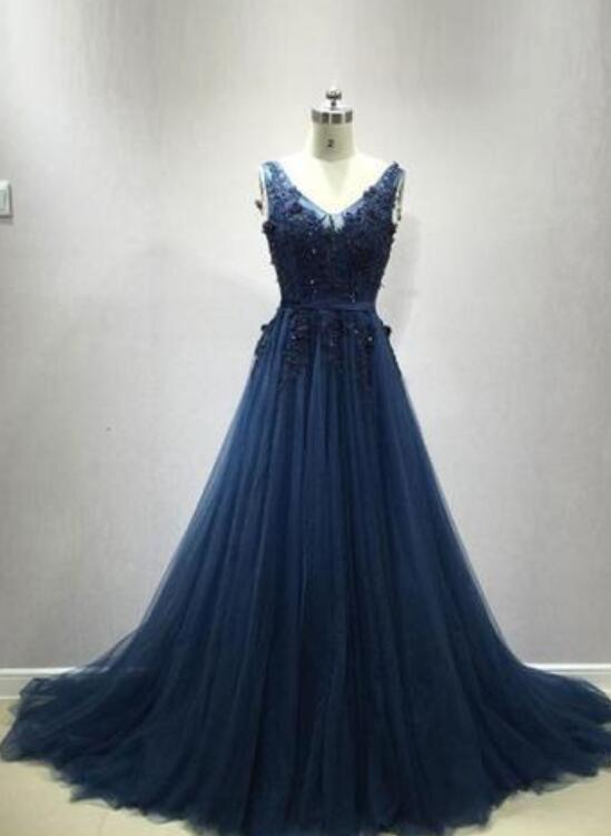 Dark Blue V Back Tulle Prom Gowns, Party Dresses, Formal Gowns