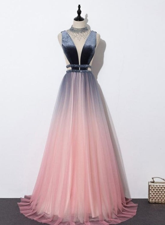 Blue and Pink Gradient Tulle Velvet Top Low Back Long Party Dress, A-l