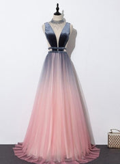 Blue and Pink Gradient Tulle Velvet Top Low Back Long Party Dress, A-line Prom Dress Evening Dress