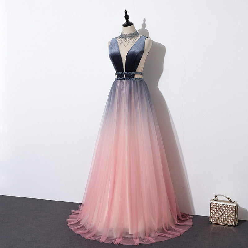 Blue and Pink Gradient Tulle Velvet Top Low Back Long Party Dress, A-l
