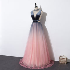 Blue and Pink Gradient Tulle Velvet Top Low Back Long Party Dress, A-line Prom Dress Evening Dress